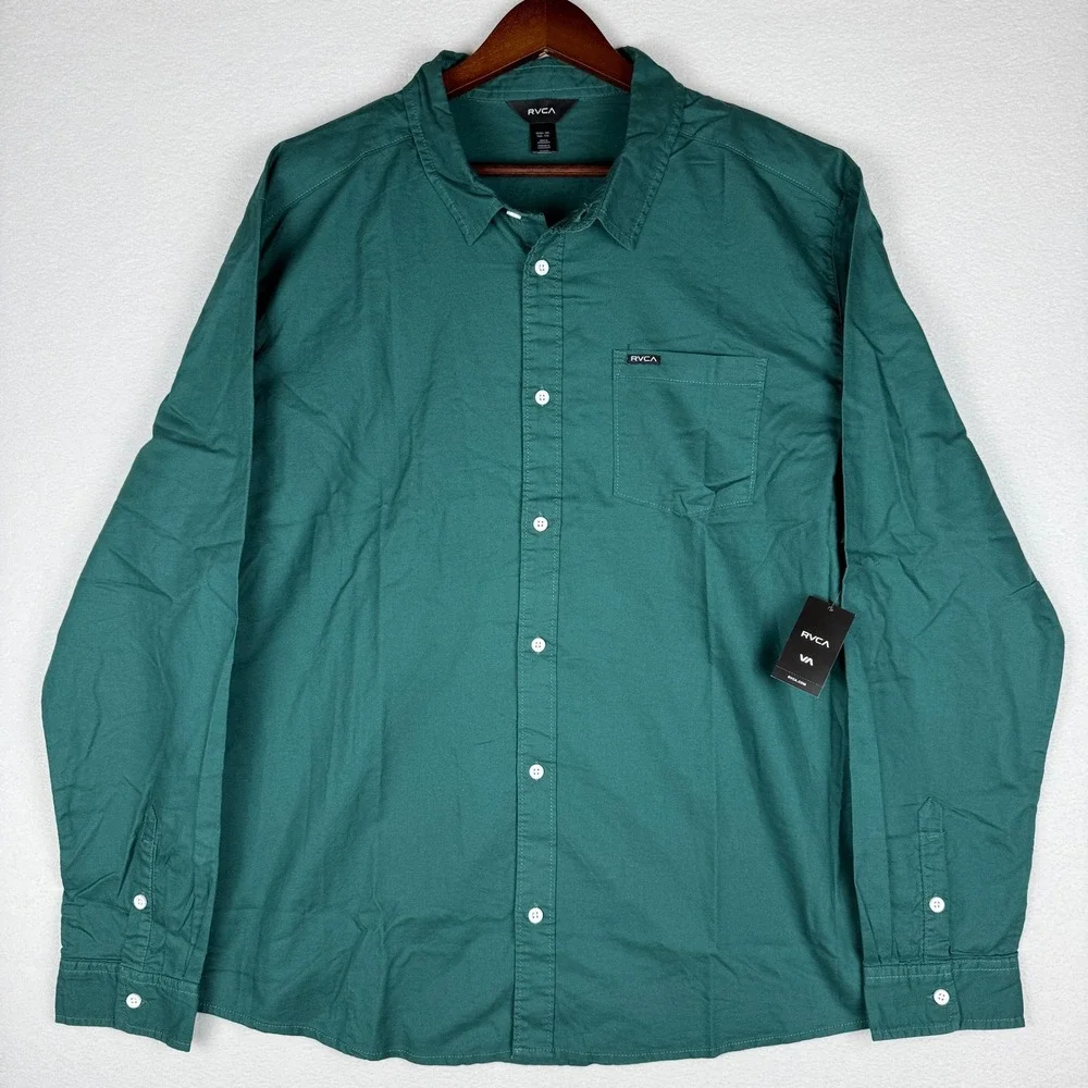 NEW RVCA Douglas Long Sleeve Shirt Mens 2XL Forest Green Woven‎ Button Up - Picture 2 of 10